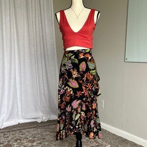 Black Tropical Floral Asymmetrical Ruffle Midi Skirt Boho High Low XS / S